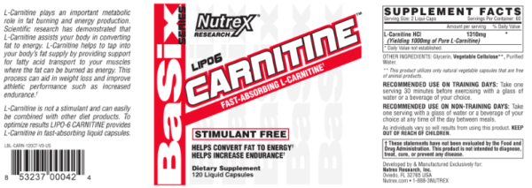 nutrex l carnitine nutrition facts